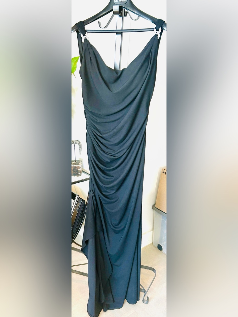 Enchante’ Elegant Black Drape mermaid Evening Dress.Sexy and elegance with class